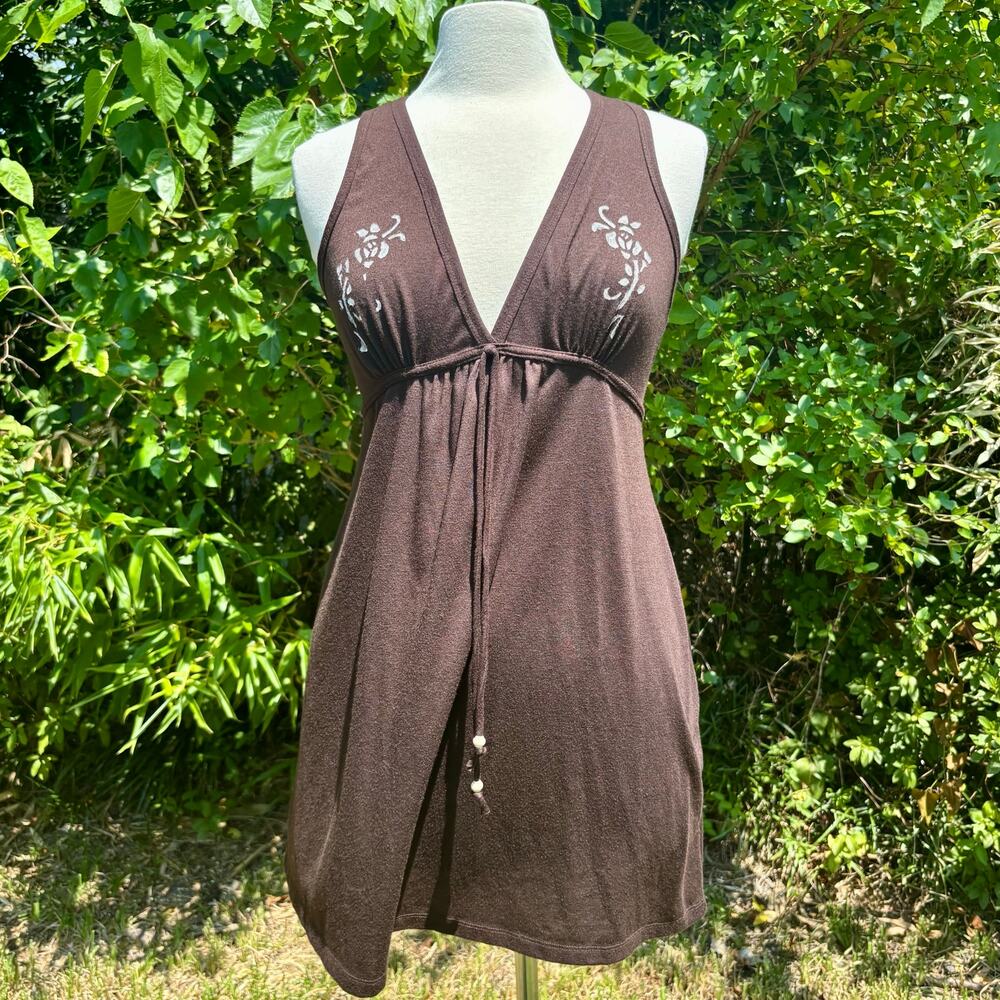 Y2K Chocolate Brown Painted Roses Halter-Style Babydoll Mini-Dress (M)